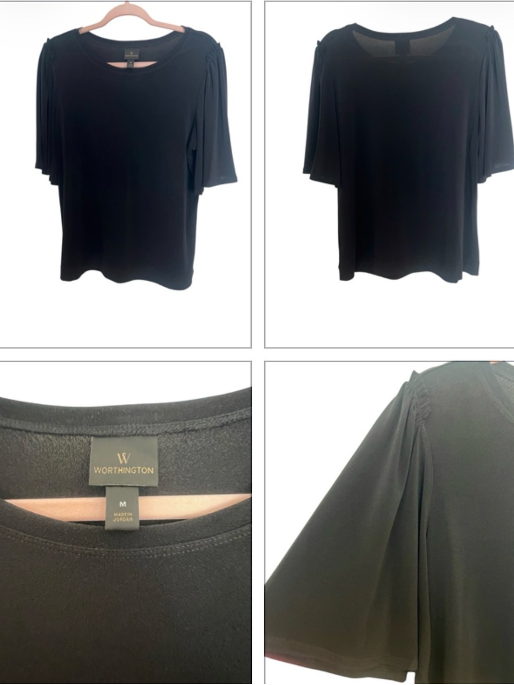 Worthington Black Flutter Sleeve Crewneck Blouse